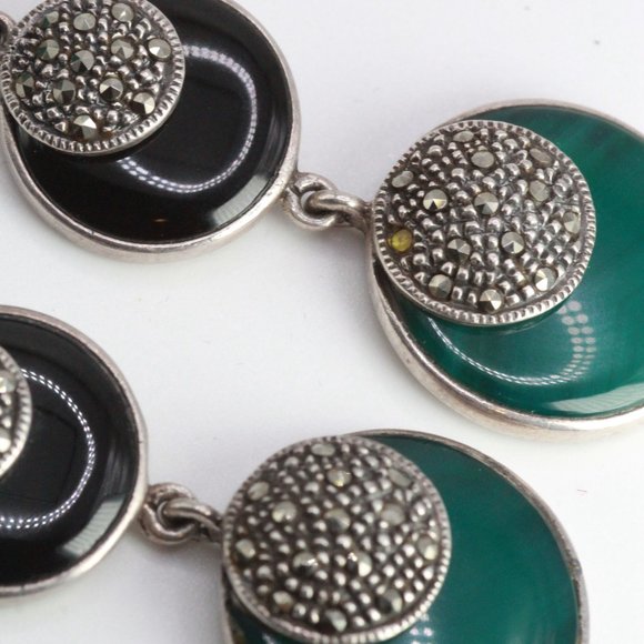 STERLING SILVER DECO ONYX CHALCEDONY LONG EARRINGS - Picture 11 of 12